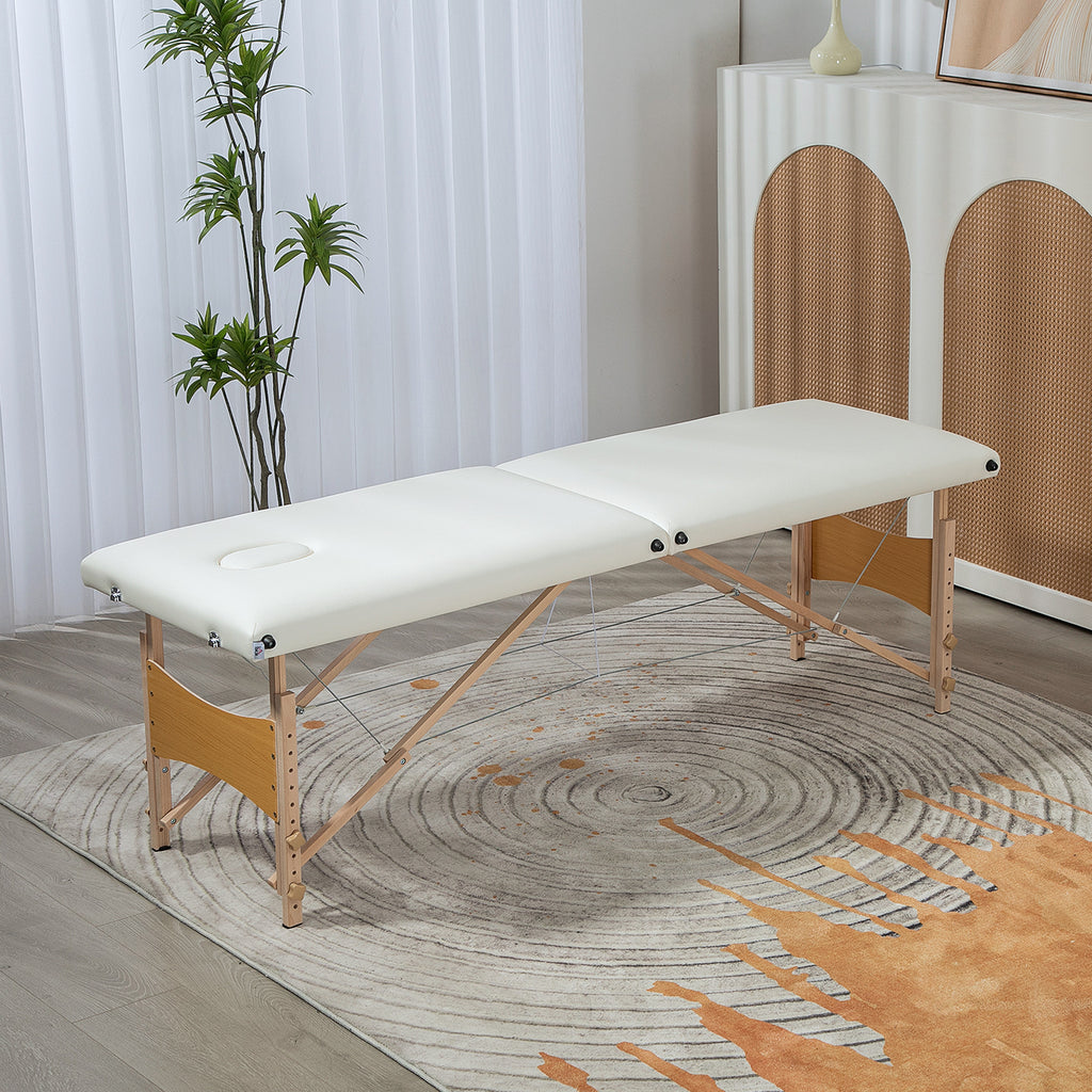Mobile Massageliege 2 Zonen Klappbar Höhenverstellbar Massagetisch 60 cm Breit mit Tragetasche Holzfüßen Cremeweiß