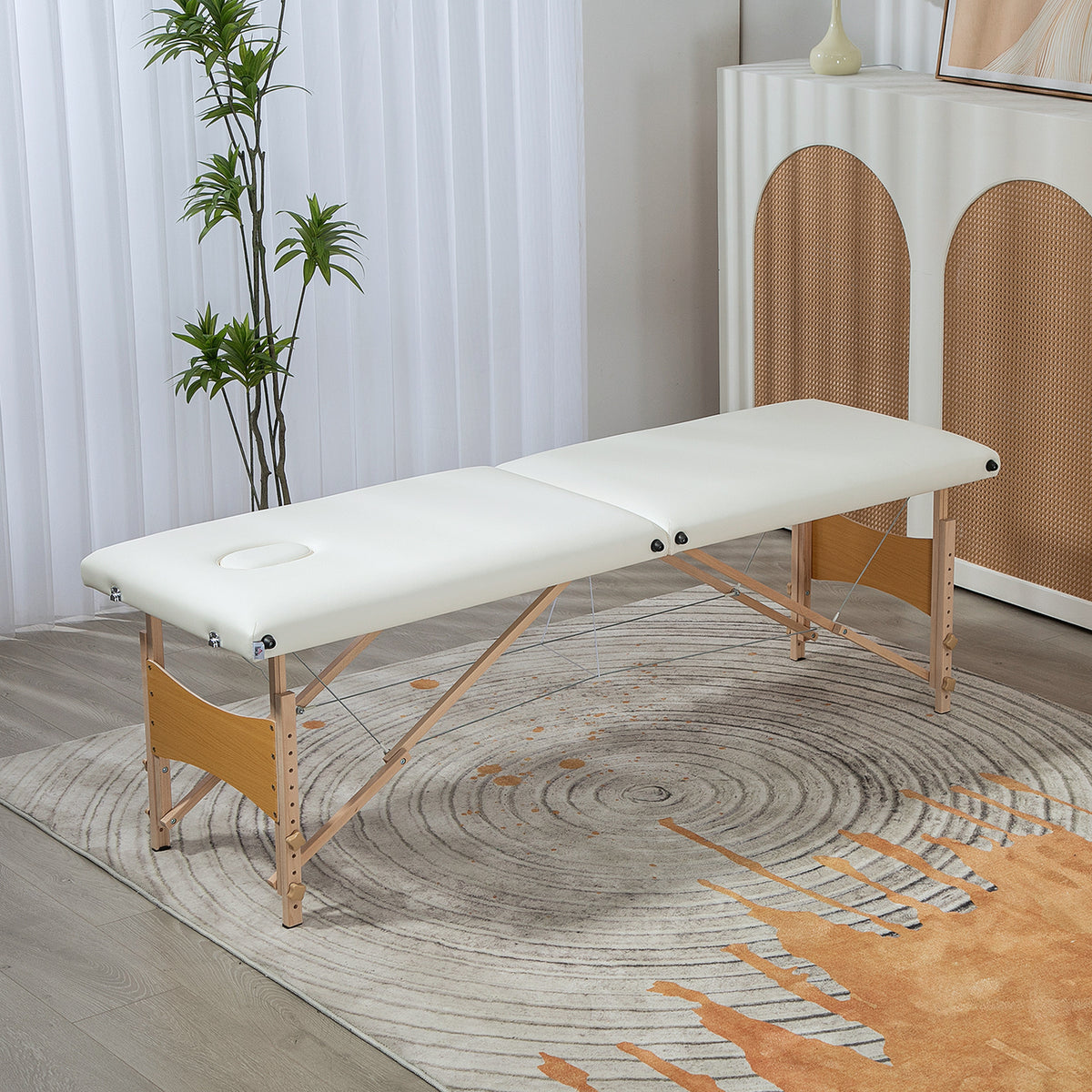 Mobile Massageliege 2 Zonen Klappbar Höhenverstellbar Massagetisch 60 cm Breit mit Tragetasche Holzfüßen Cremeweiß