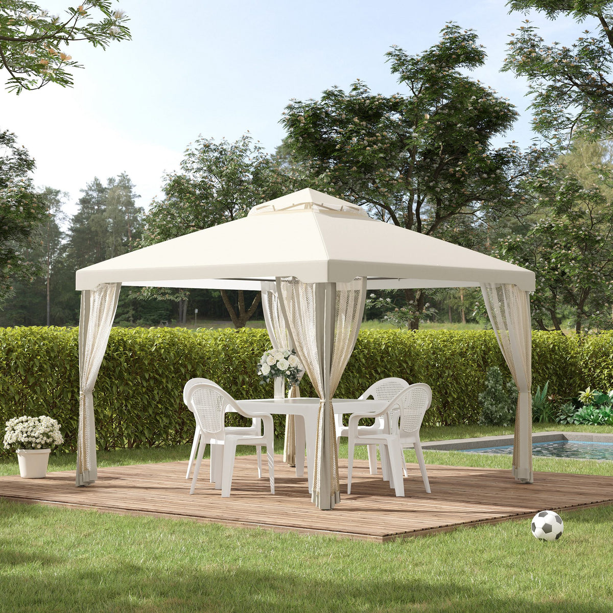  3 x 3 m Metal Gazebo, Garden Pavillion, Double Roof Outdoor Canopy Shelter with Mesh Sidewalls, Cream White