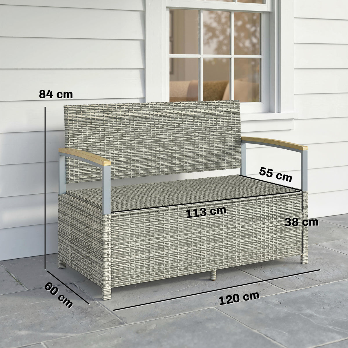 Gartenbank Polyrattan 170L 2-Sitzer Sitzbank mit Stauraum abnehmbar Kissen Reißverschluss-Innenauskleidung Holz-Armlehne