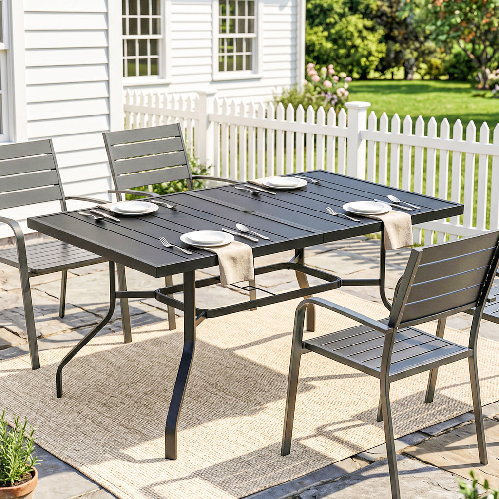 Gartentisch 152x90 cm, Wetterfest Balkontisch aus Stahl, Beistelltisch mit Schirmloch, Latten-Design Schwarz
