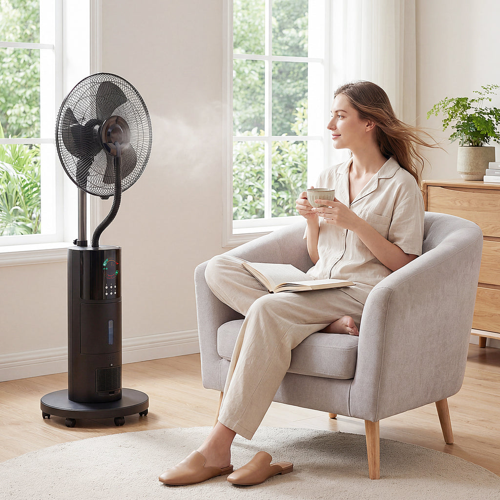 4-in-1 Standventilator mit Wassernebel Luftreiniger Mückenschutz 9-Stunden-Timer 3 Modi Fernbedienung Schwarz