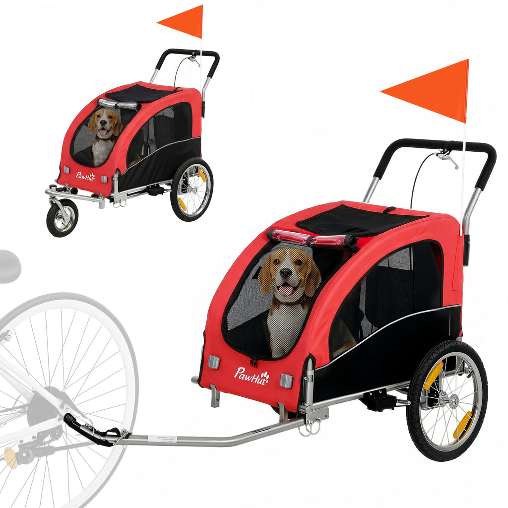 2-in-1 Hundeanhänger für Fahrrad Faltbarer Hundebuggy für kleine & mittelgroße Hunde bis 20 kg, Rot