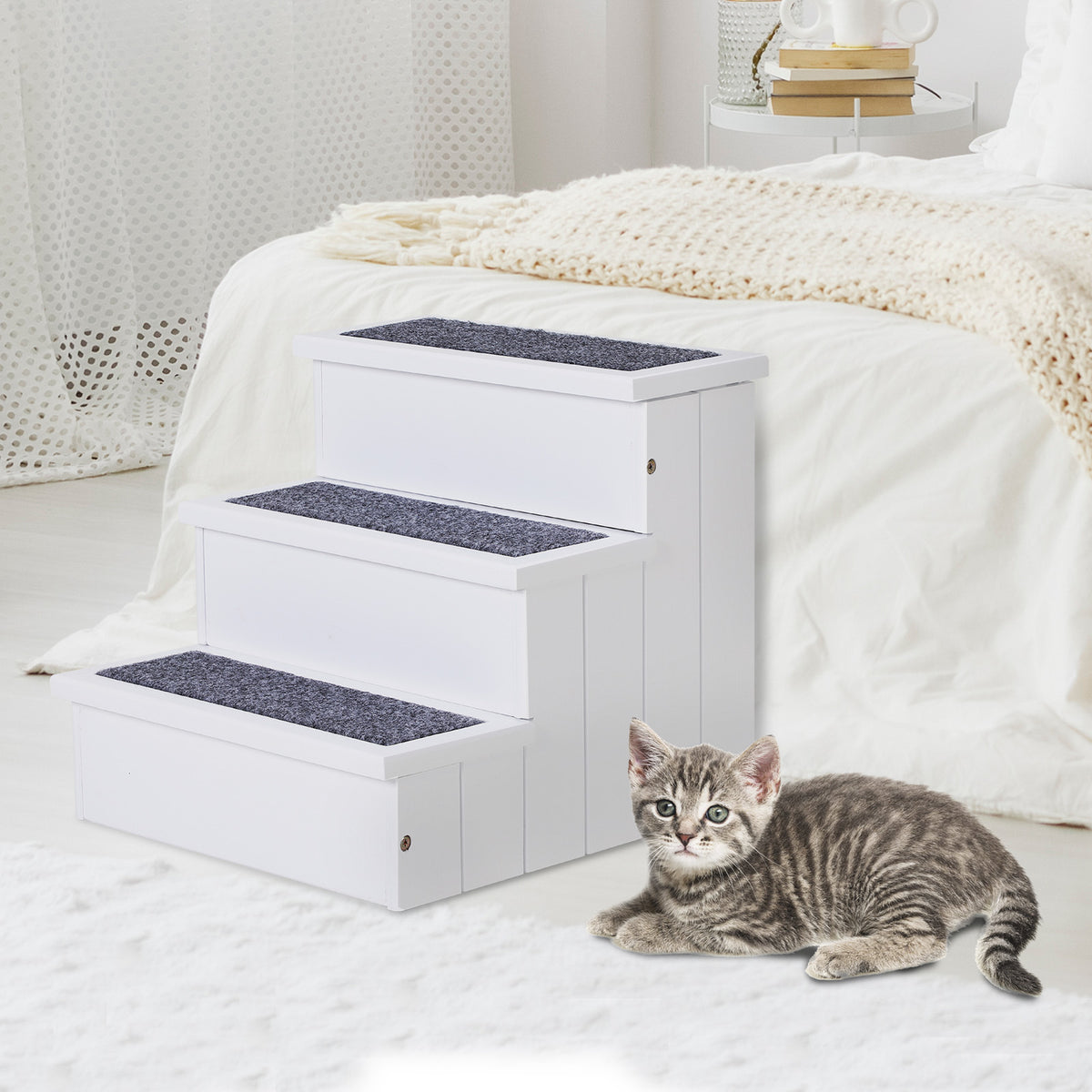 Dog Steps for Bed Sofa, 3 Step Wooden Dog Stairs for Sofa, Pet Stairs with Storage for Small Cats and Puppy, White