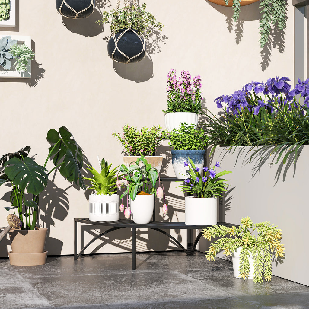 Three-Tier Corner Metal Plants Shelves - Black