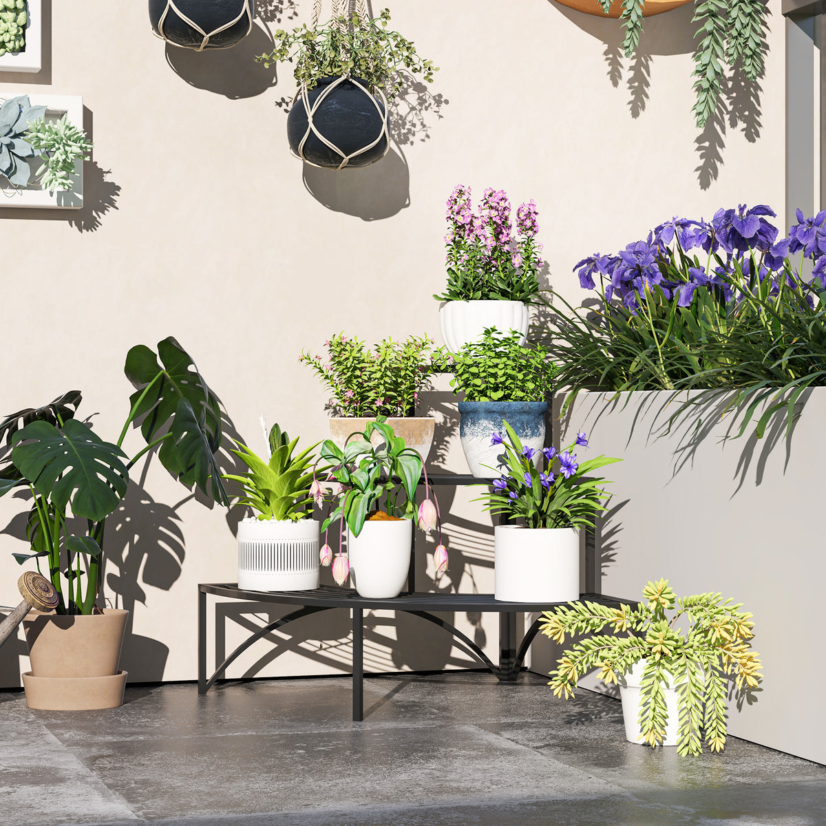 Three-Tier Corner Metal Plants Shelves - Black