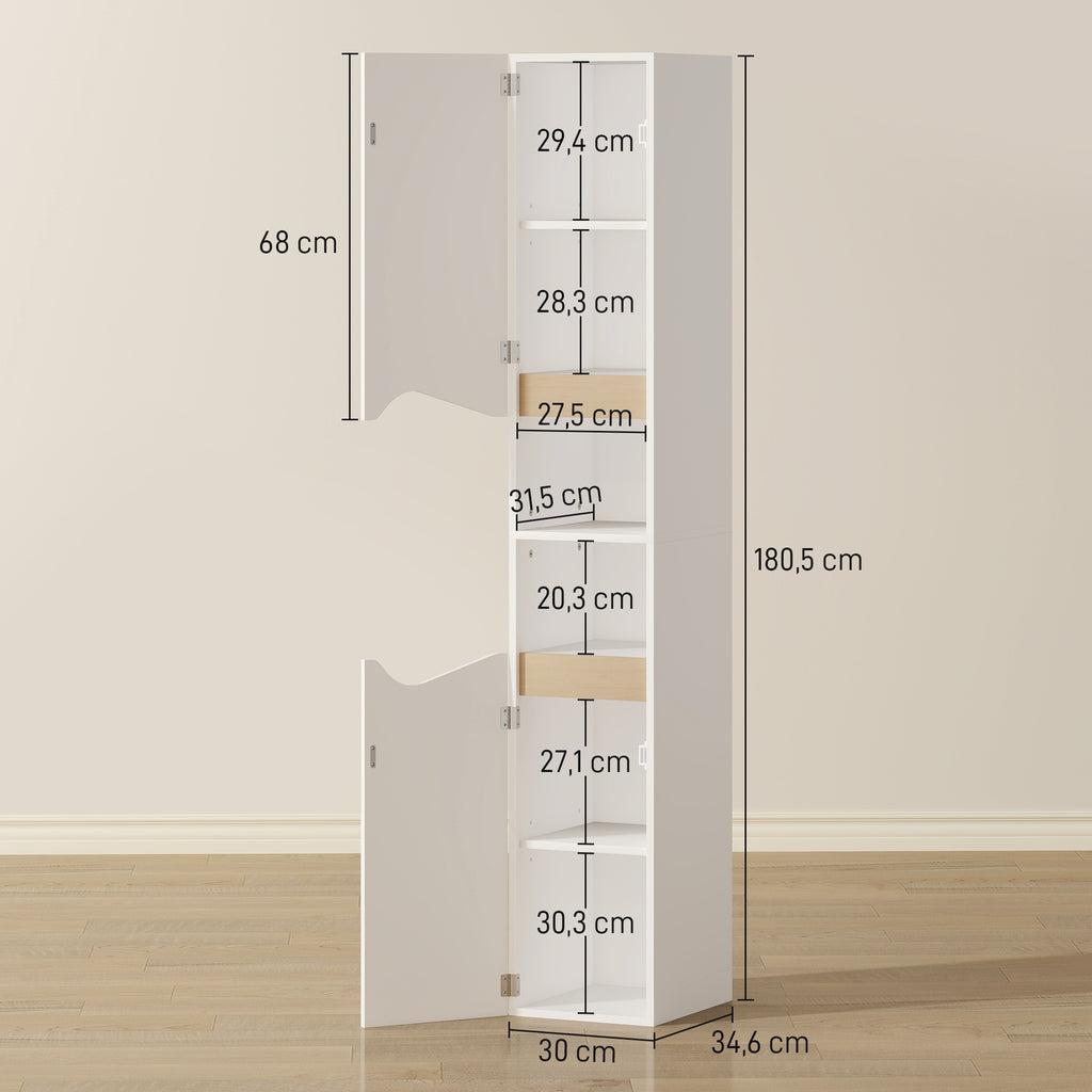 Badezimmerschrank Schmal Hochschrank mit 2 T¨¹ren, 2 Offenen F?chern, f¨¹r Badezimmer 30 x 34,6 x 182 cm Wei?