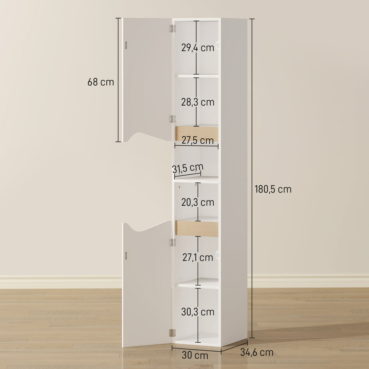 Badezimmerschrank Schmal Hochschrank mit 2 T¨¹ren, 2 Offenen F?chern, f¨¹r Badezimmer 30 x 34,6 x 182 cm Wei?