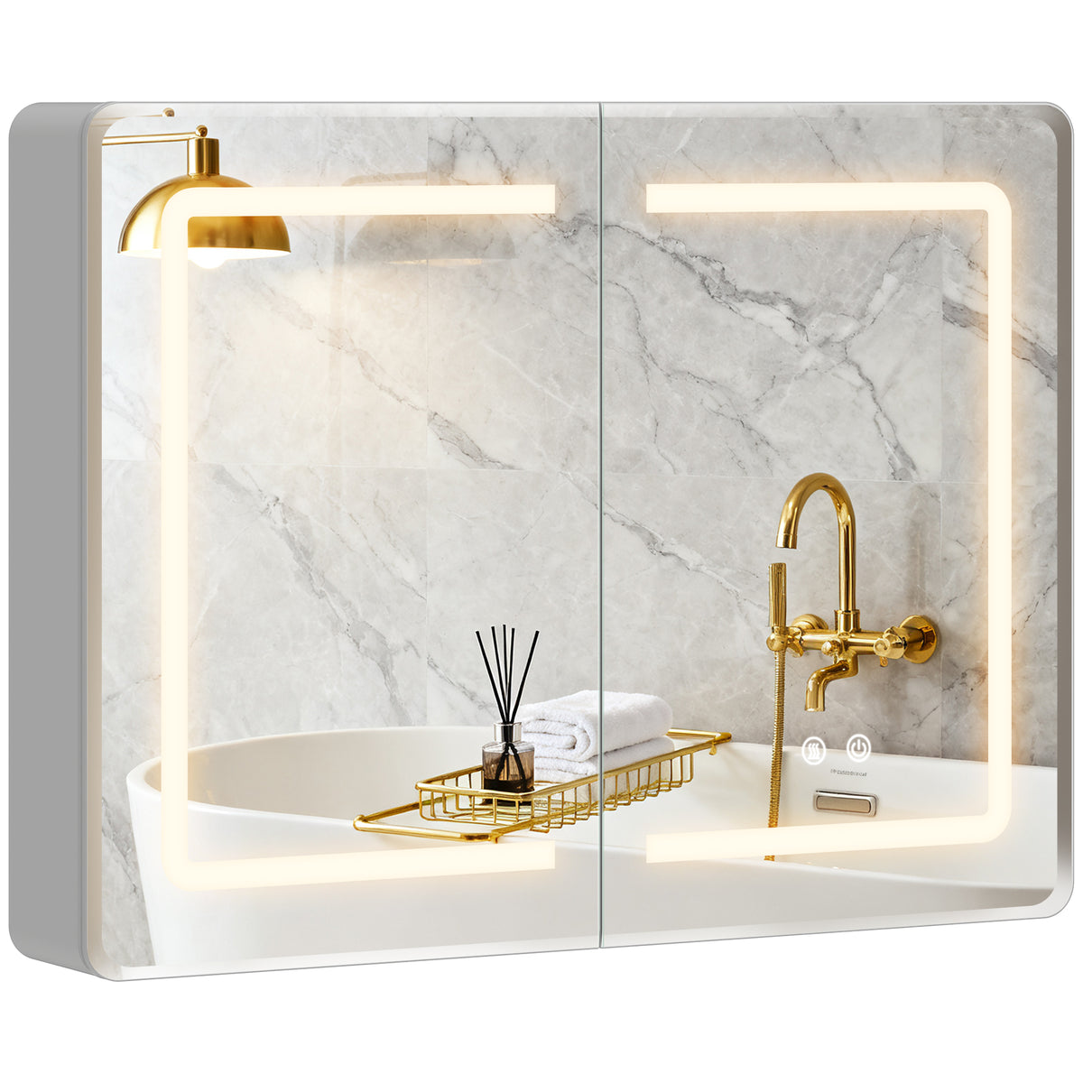 Mirrored Bathroom Cabinet with LED Lights, 60 x 80 cm Bathroom Mirror Cabinet with Anti-Fog, 3 Colour Dimmable Lighting