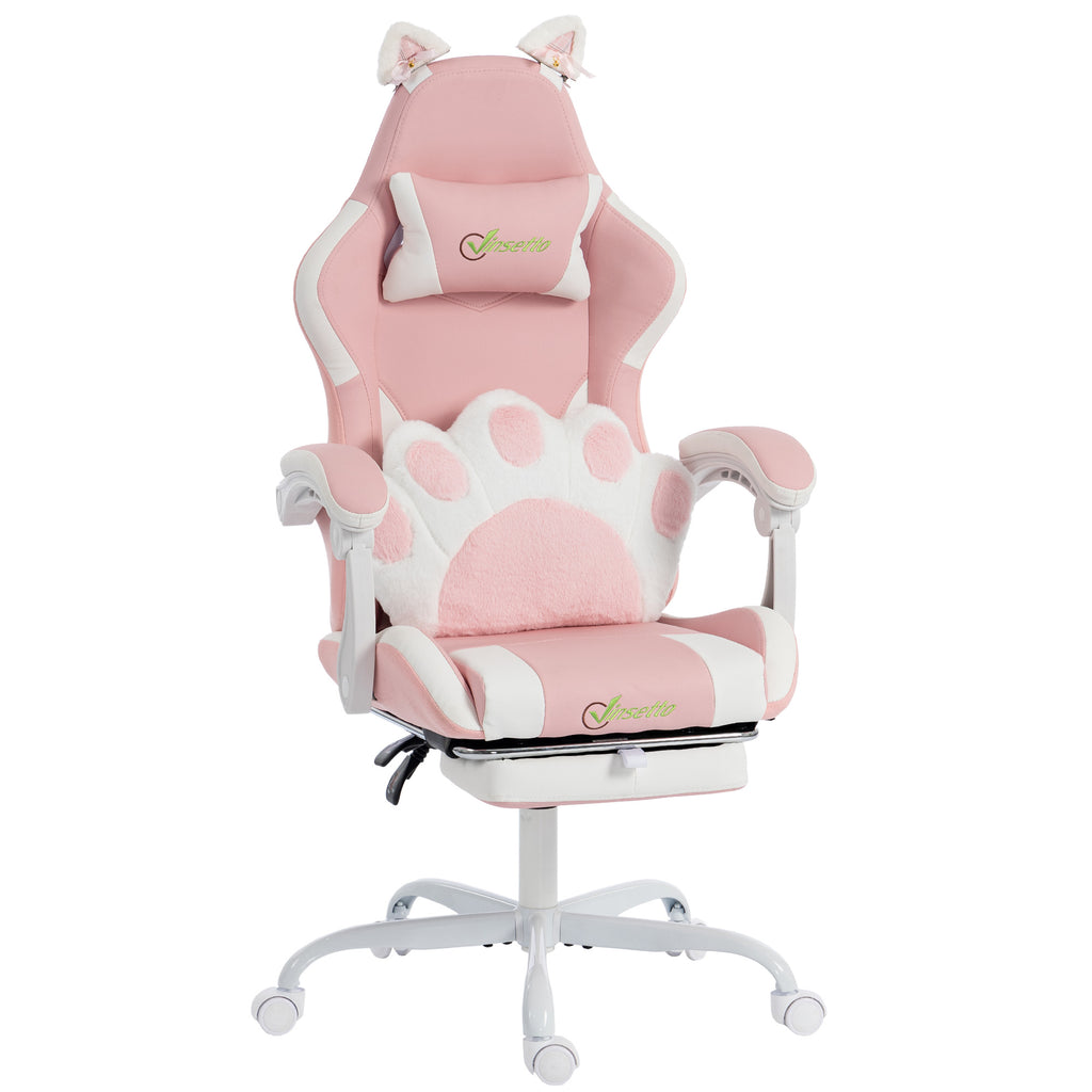 Ergonomischer Gaming-Stuhl, Katzenohren-Gamer-Stuhl aus Kunstleder mit Lendenstütze, Fußstütze, Kopfstütze, Rosa