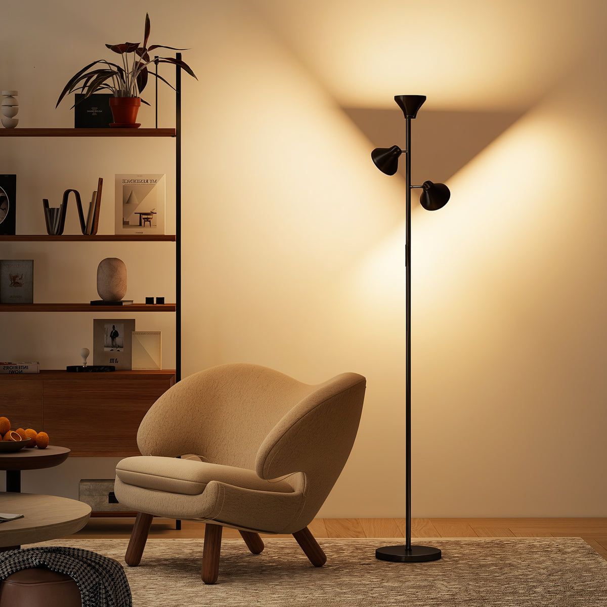 Stehlampe Dimmbar mit Leselampe, Stehleuchte RGB Farbwechsel mit Fernbedienung Touch-Steuerung 3 drehbare Köpfe Schwarz