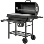 Charcoal BBQ Grill with Foldable Front Side Shelf, Portable Barbecue Smoker with Warming Rack, Bottom Shelf, Lid, Temperature Gauge, Wheels for Outdoor Cooking Garden Party, Black