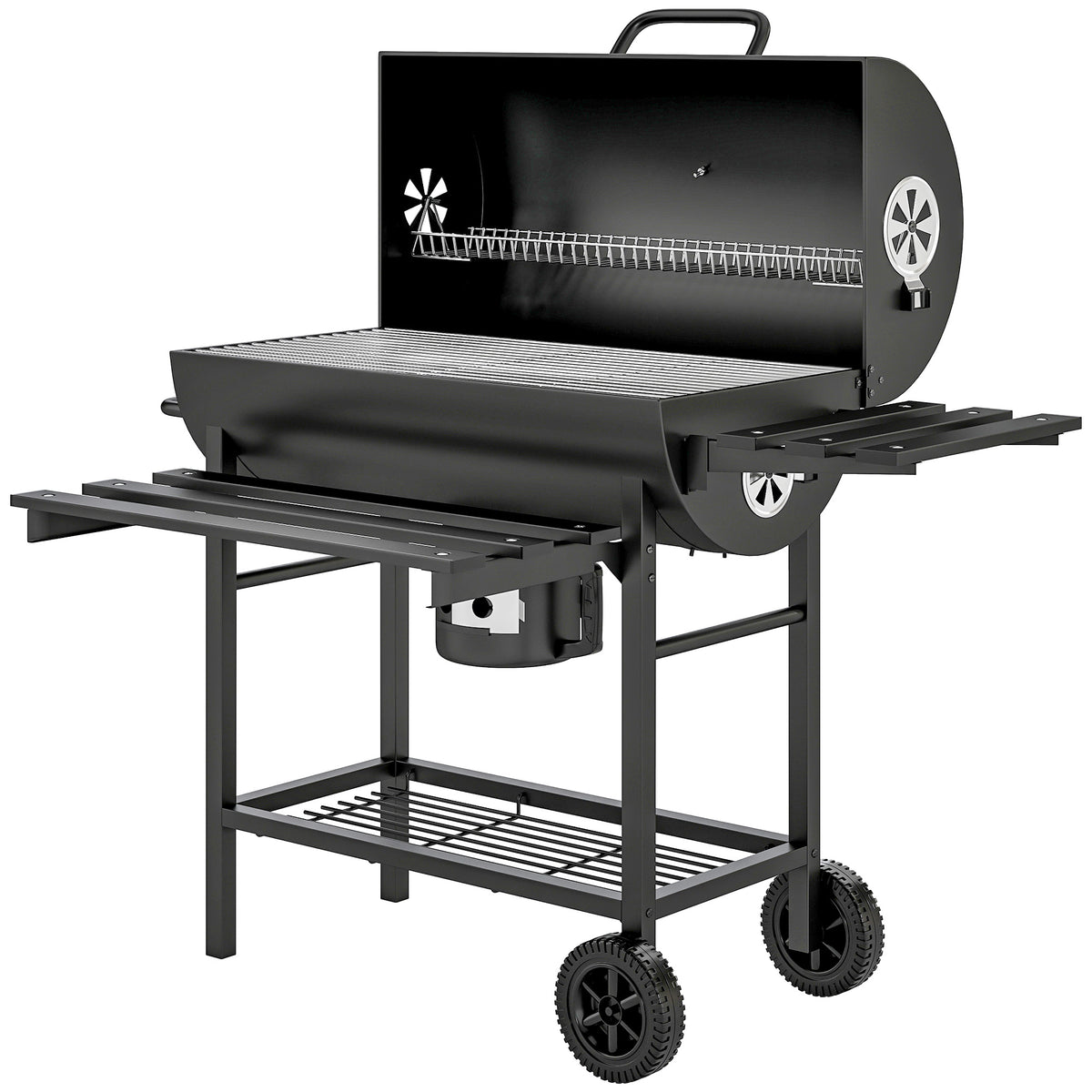 Charcoal BBQ Grill with Foldable Front Side Shelf, Portable Barbecue Smoker with Warming Rack, Bottom Shelf, Lid, Temperature Gauge, Wheels for Outdoor Cooking Garden Party, Black