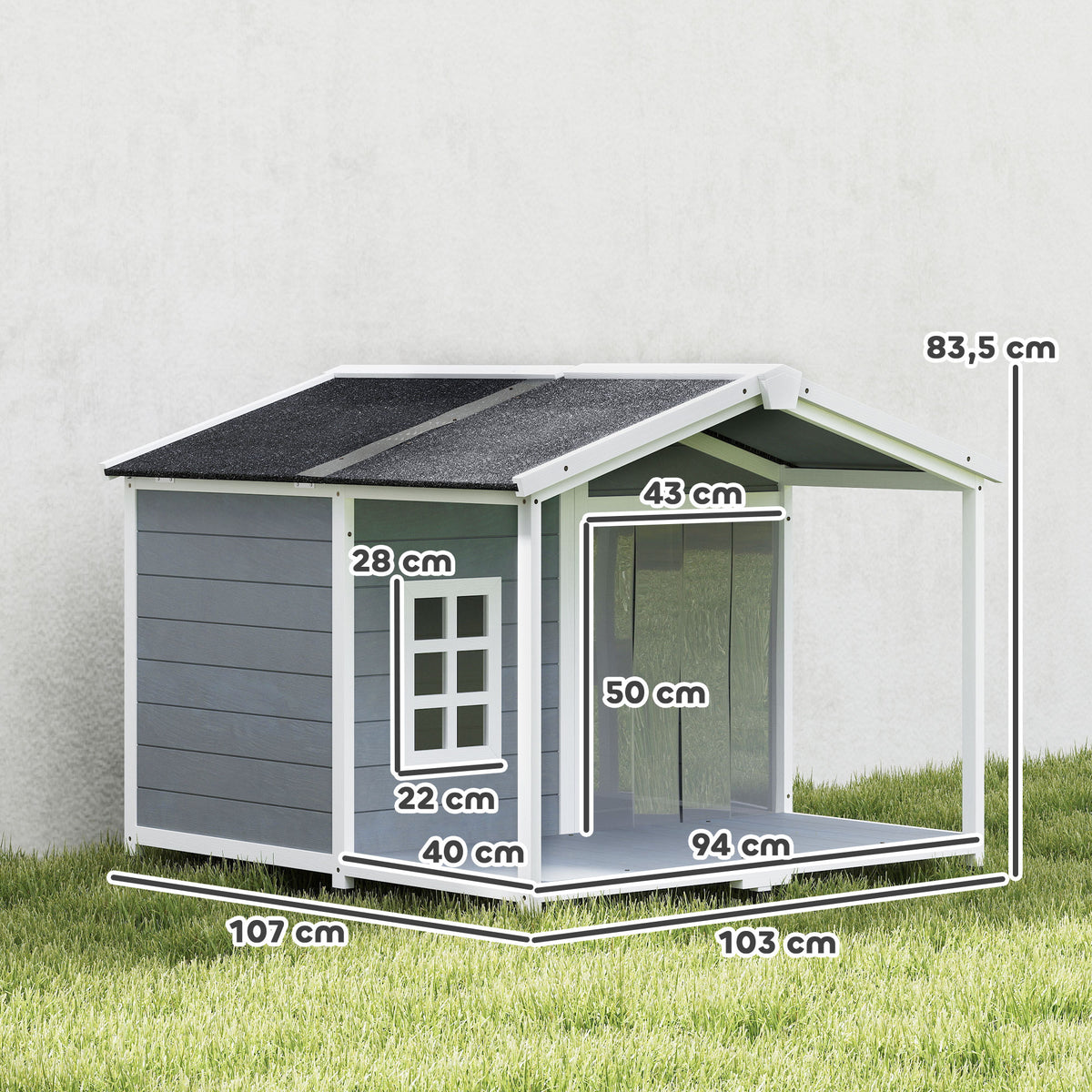 Hundehütte wetterfestes Erhöhtes Hundehaus aus Holz mit Asphaltdach, Terrasse, für mittelgroße Hunde 103x107x83,5cm Grau