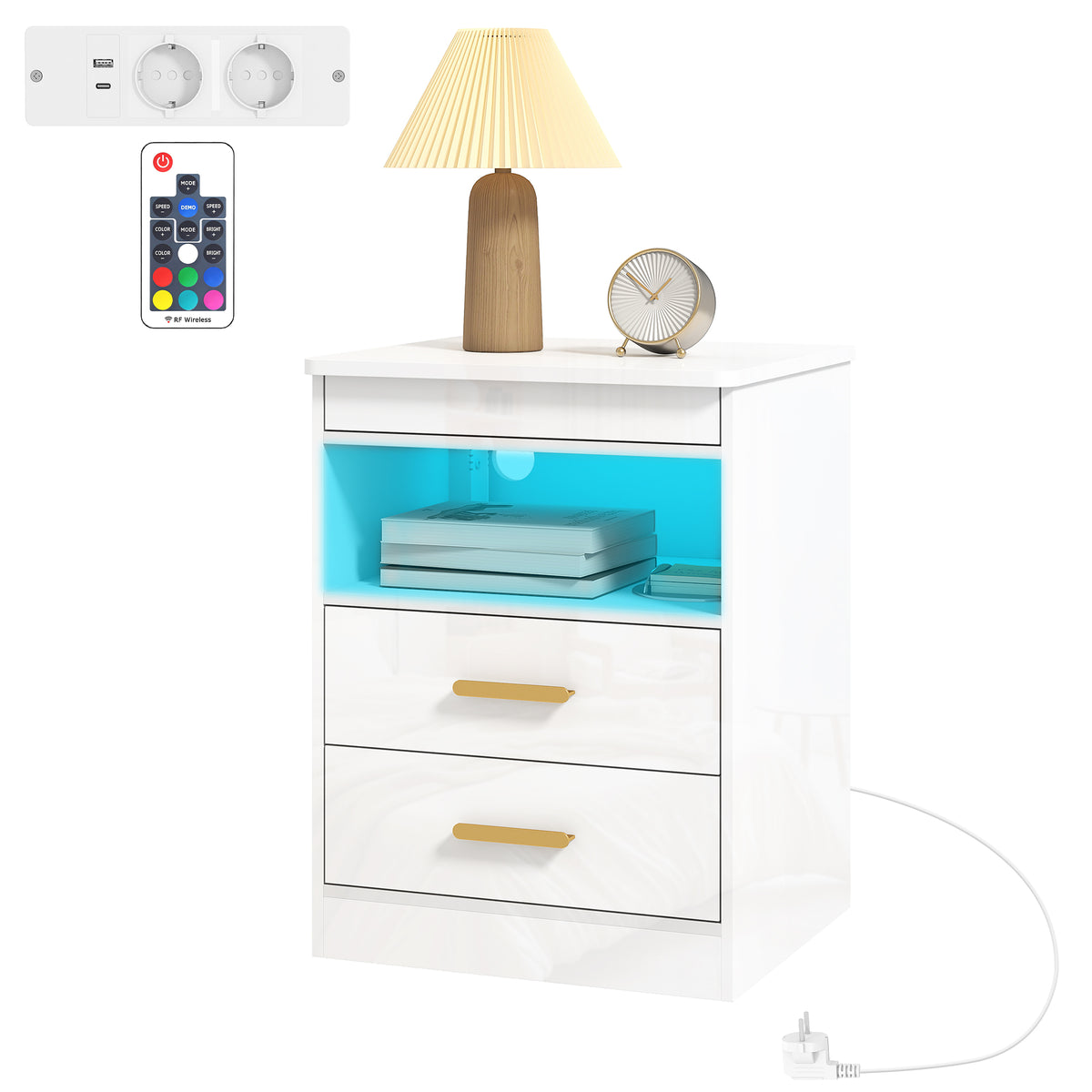 Nachttisch, Beistelltisch mit Ladestation und RGB-LED-Beleuchtung, Hochglanz Weiß