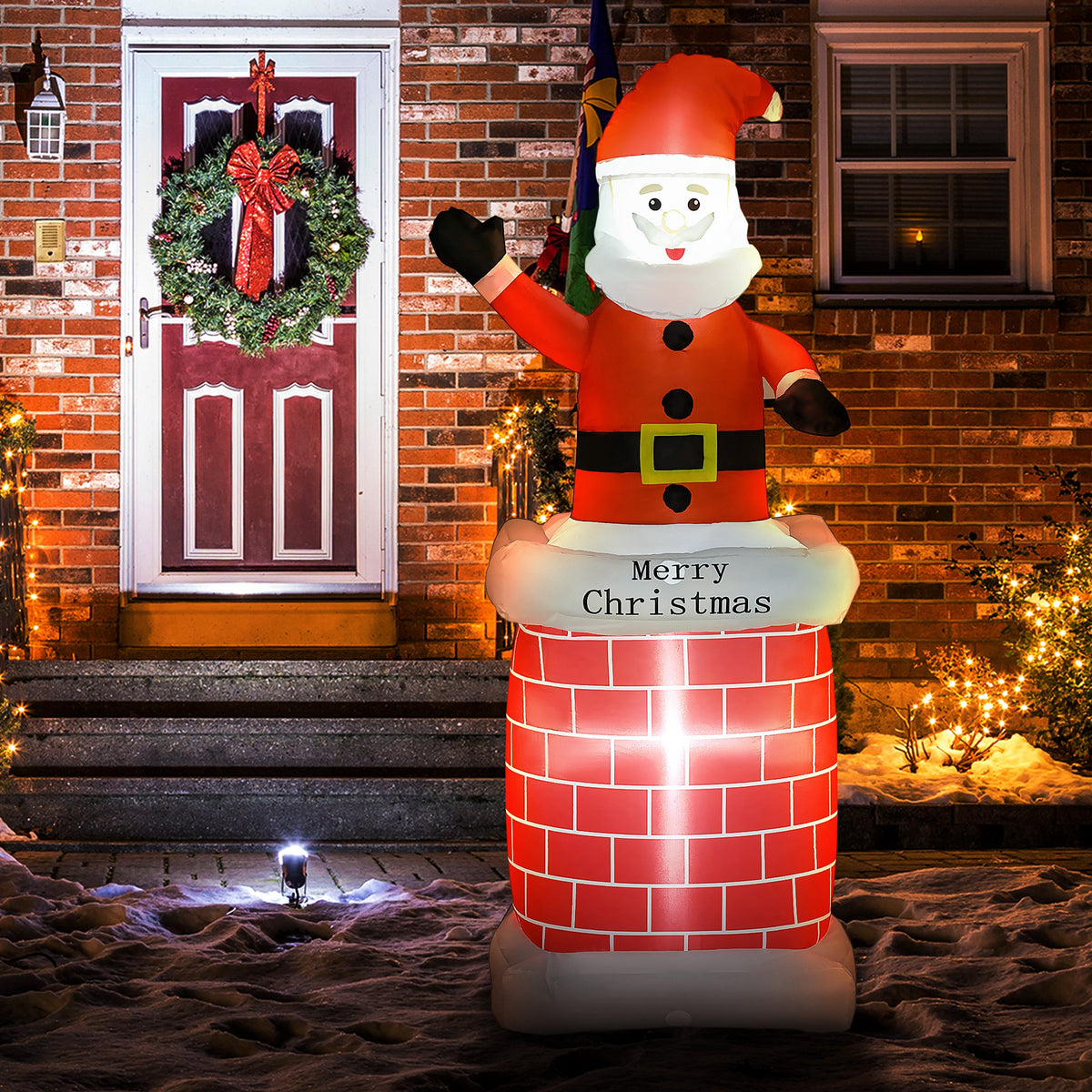 Aufblasbarer Weihnachtsmann mit Schornstein, LED-Beleuchtung, integriertes Gebläse, 80 x 70 x 210 cm