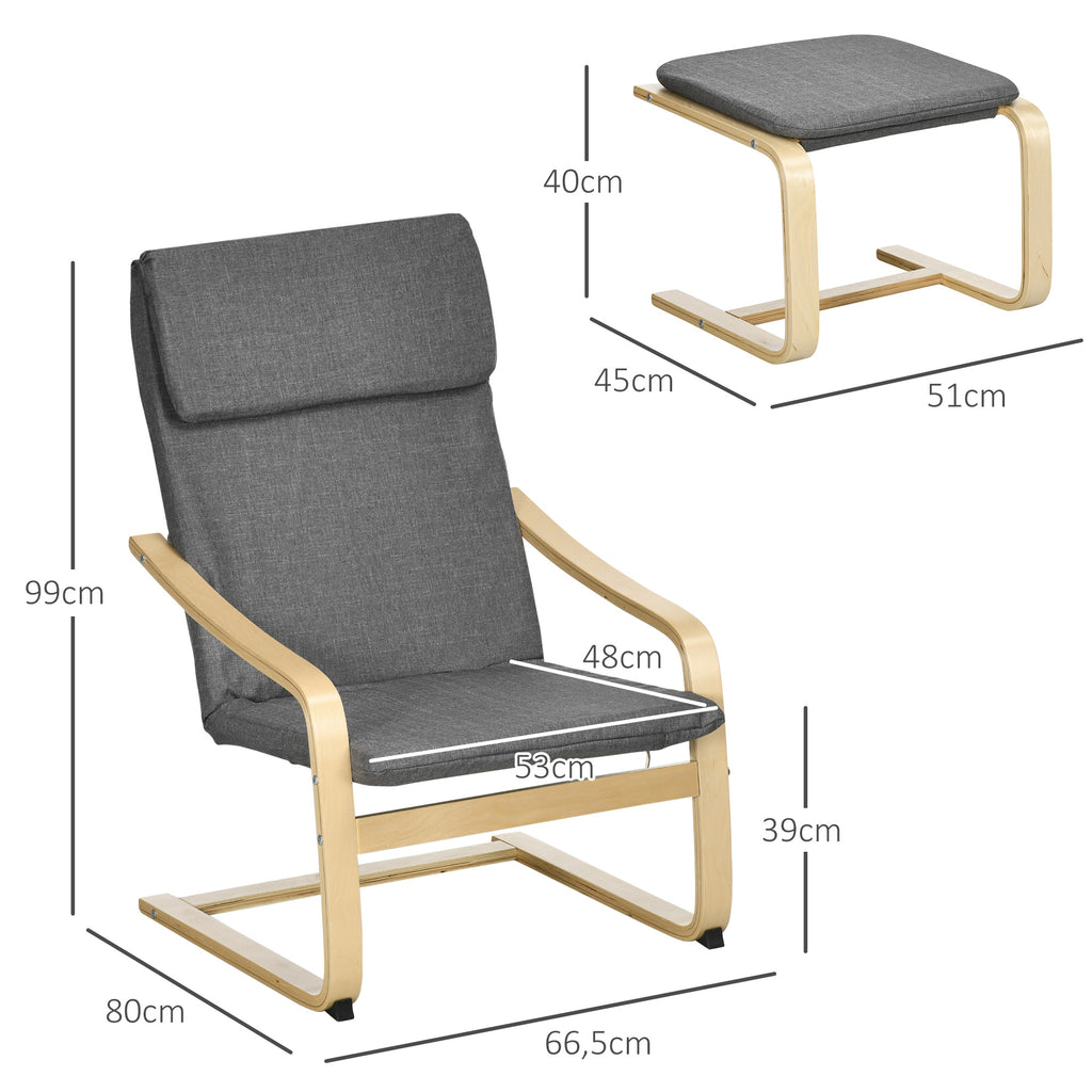 Sessel mit Fußhocker, Sessel-Set, Leinenoptik, Massivholz, Grau + Natur