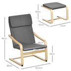 Sessel mit Fußhocker, Sessel-Set, Leinenoptik, Massivholz, Grau + Natur