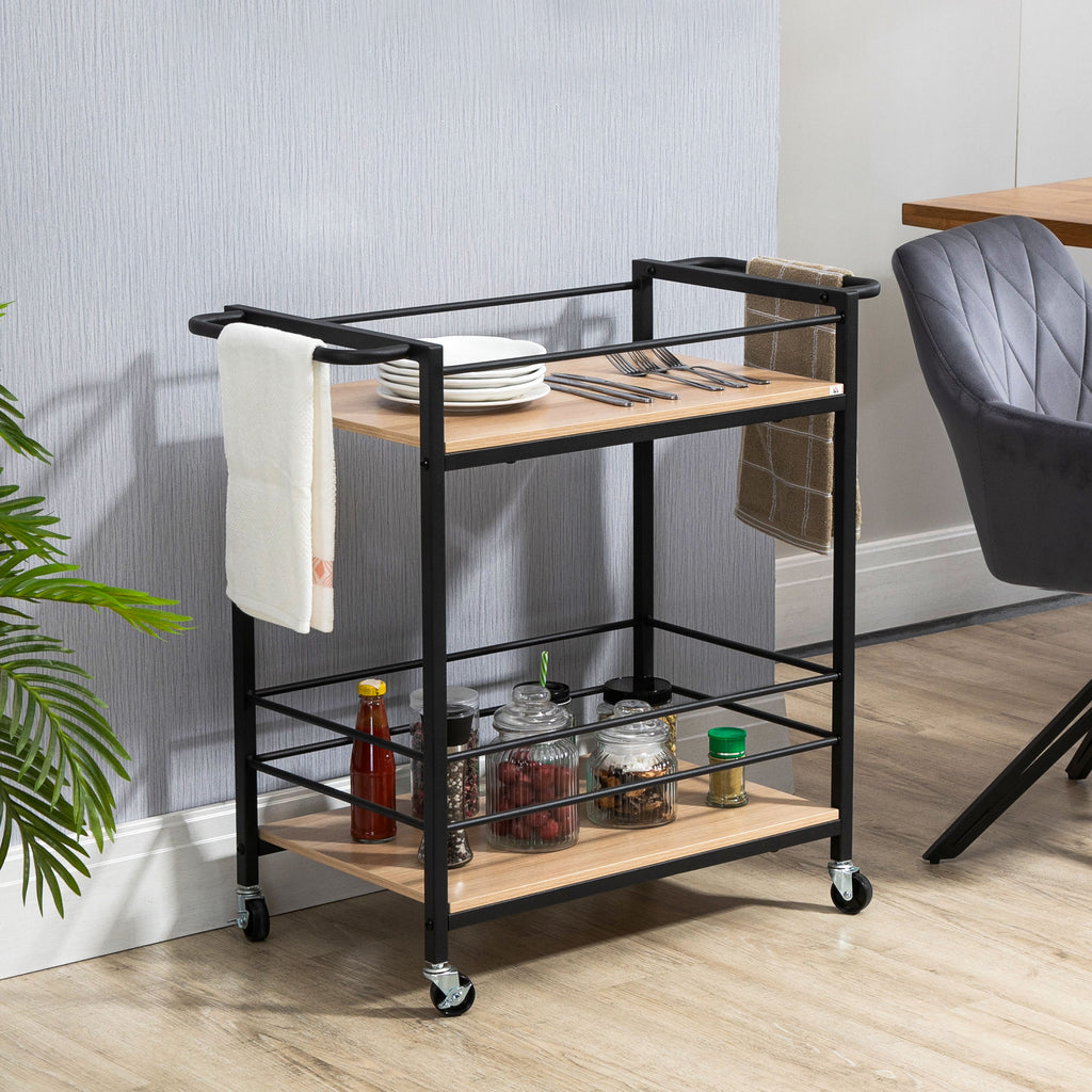 K¨¹chenwagen Servierwagen mit 2 Ablagen, Reling, Stahl, Schwarz+Holz 82 x 40 x 75cm