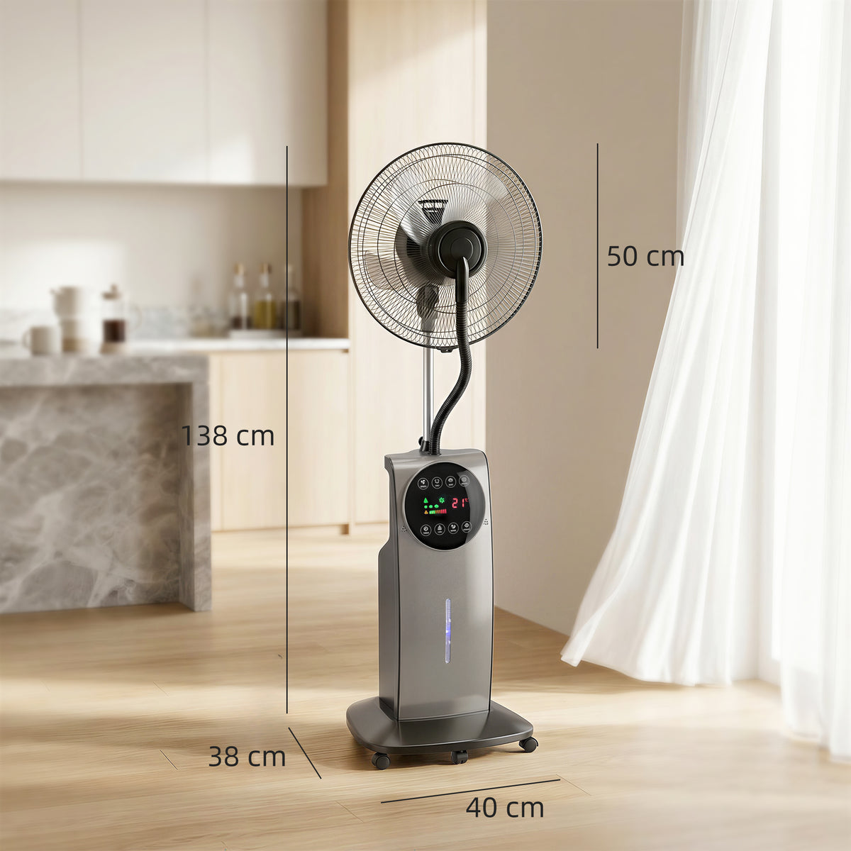 Sprühnebelventilator mit Fernbedienung, Standventilator mit Wassernebel, 70° Oszillation, 3 Geschwindigkeiten, 3 Modi, 3,1L Wassertank