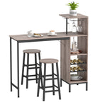 3-tlg. Bartisch-Set mit Stauraum, Weinregalen, Glashaltern, Hockern mit Fußstütze, für kleine Räume, Grau