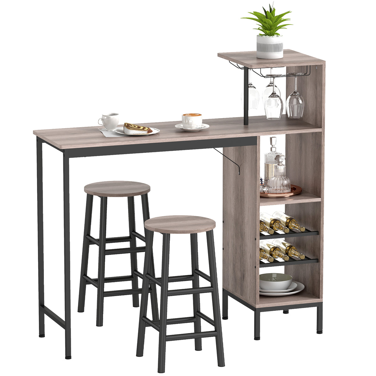 3-tlg. Bartisch-Set mit Stauraum, Weinregalen, Glashaltern, Hockern mit Fußstütze, für kleine Räume, Grau