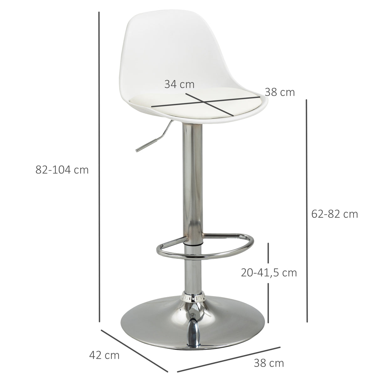 2er-Set Barhocker, Barstühle, Drehstühle mit Lehne, höhenverstellbar, bis 120 kg belastbar, 41 x 42 x 82-104 cm, Weiß