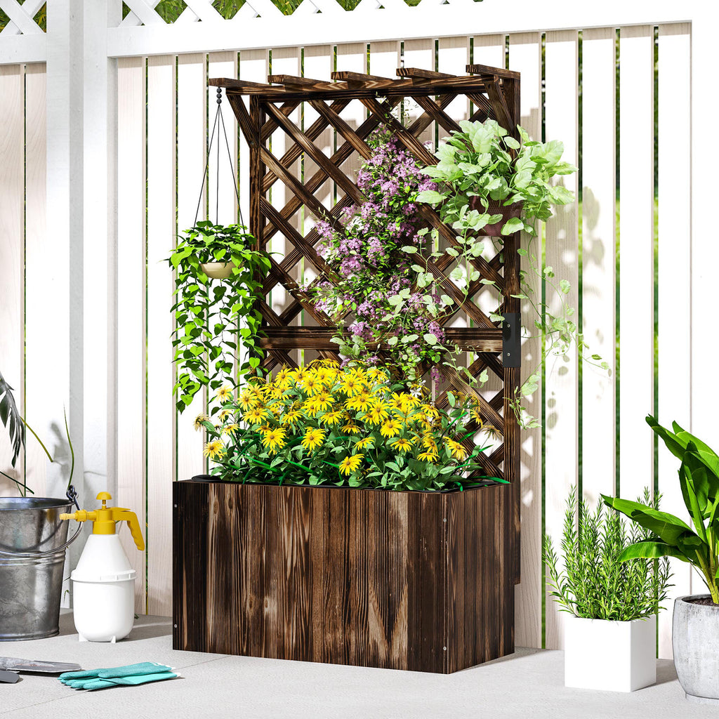 Hochbeet Pflanzkasten mit Rankgitter, Spalier Pflanzkübel Blumenkasten Holz, Gartenspalier 64 x 33 x 122cm Verkohlt