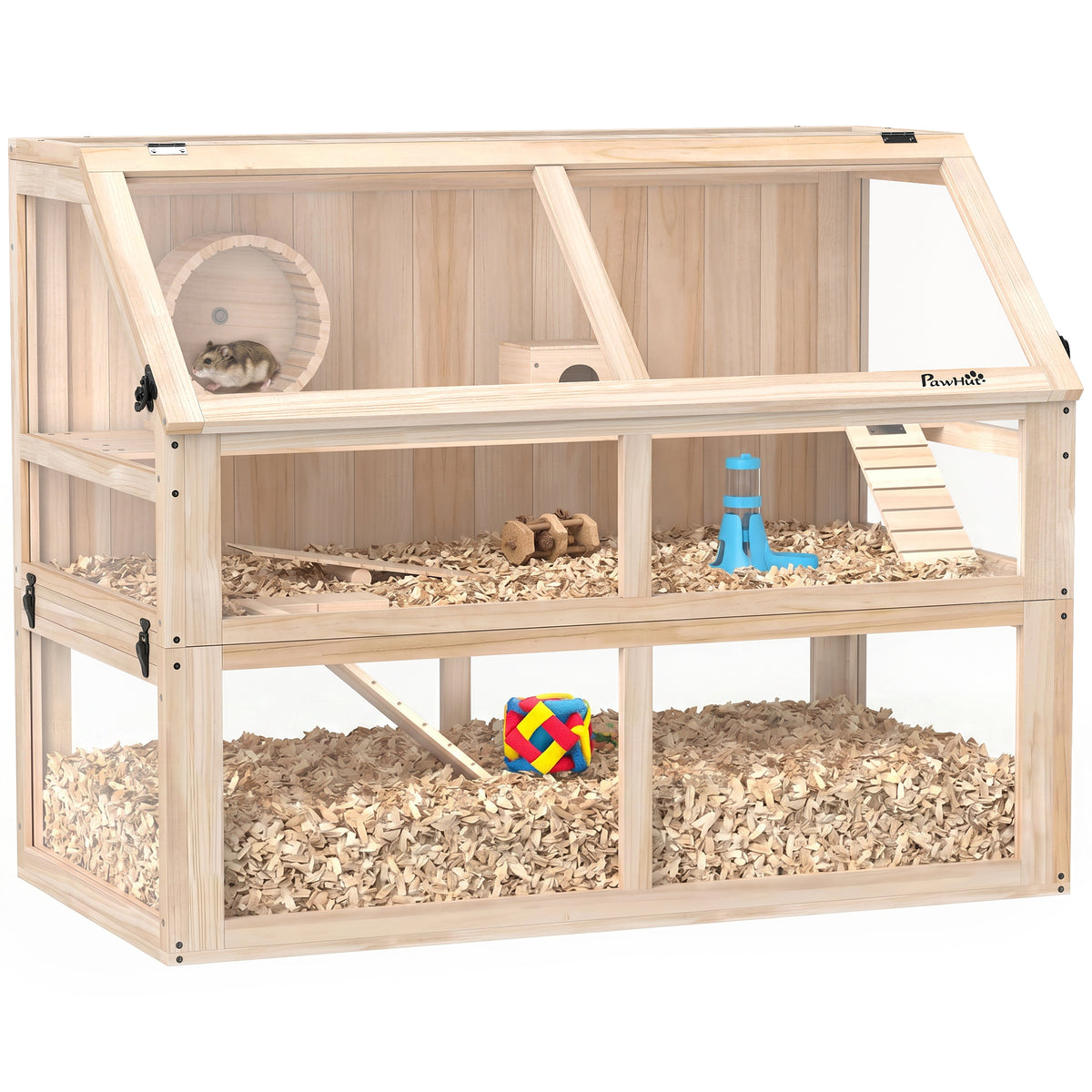 Hamsterkäfig aus Holz 3 Etagen Nagerkäfig Kleintierkäfig mit Wippe Laufrad Hütte 95 x 53 x 76 cm Naturholz