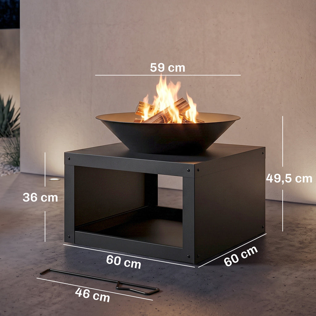 Feuerschale Ø59 cm Feuerstelle mit Holzablage, Schürhaken, Holz & Kohle nutzbar, Rund Schwarz