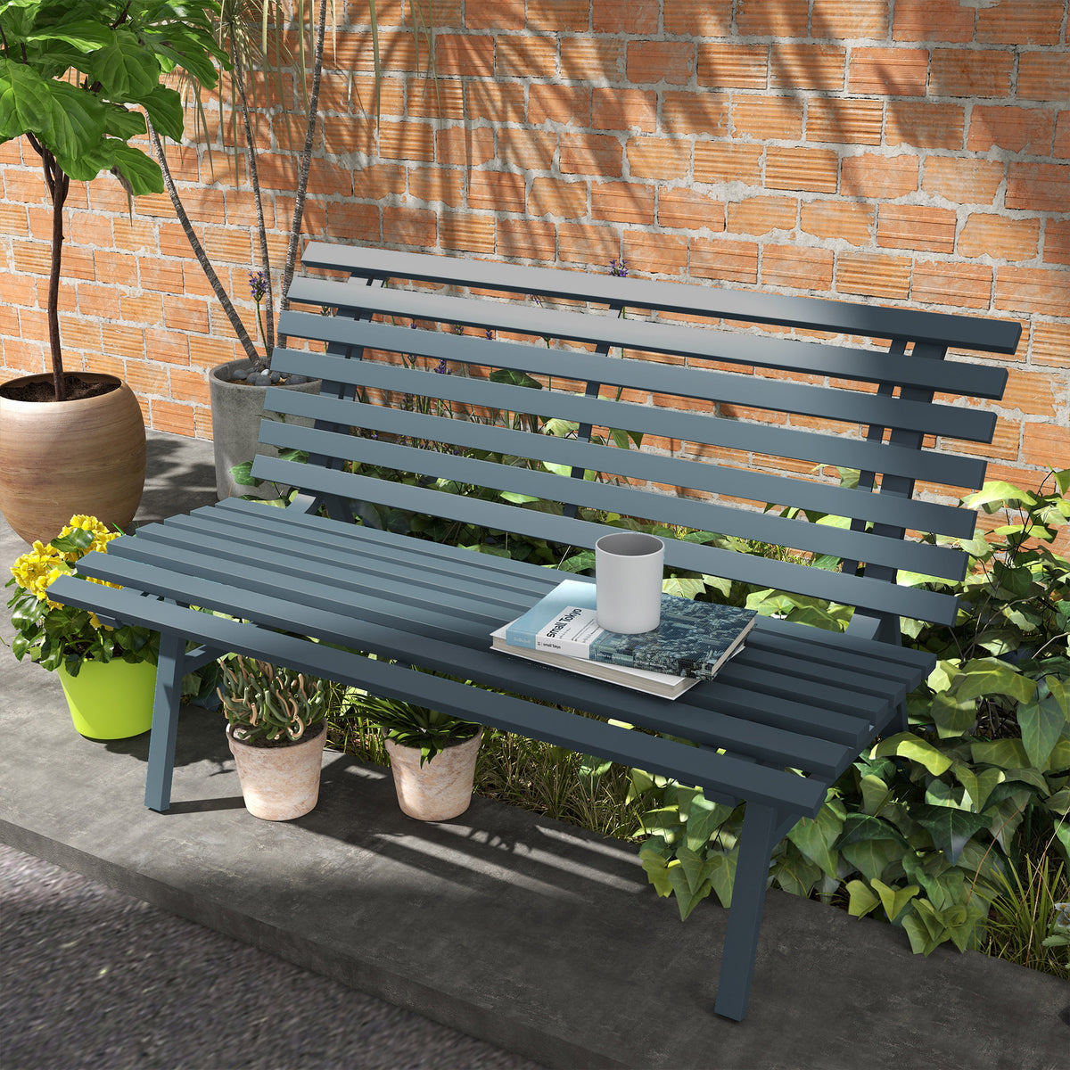 Gartenbank Sitzbank Parkbank, Lattendesign, wetterbeständig, Aluminium, 123 x 67 x 79 cm, Blau