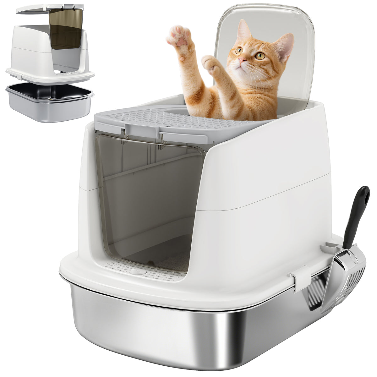 Large Stainless Steel Litter Box, Enclosed Metal Cat Litter Tray with Scoop, Deodoriser Bag, Front-Entry and Top-Exit