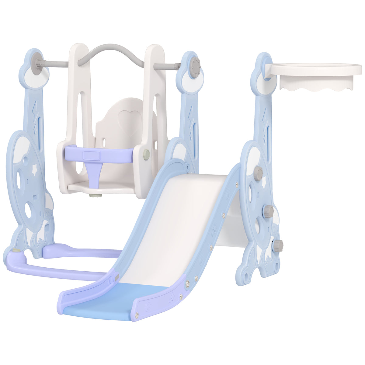 4-in-1 Indoor-Spielplatz, Rutsch- und Schaukelset f¨¹r Kleinkinder, Basketballkorb, Raketendesign, Kunststoff, Hellblau