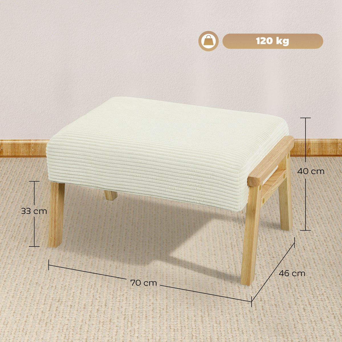Sitzhocker Hocker mit weichem Sitzkissen Holzbeinen Fu?hocker mit Cordoptik Cremewei?