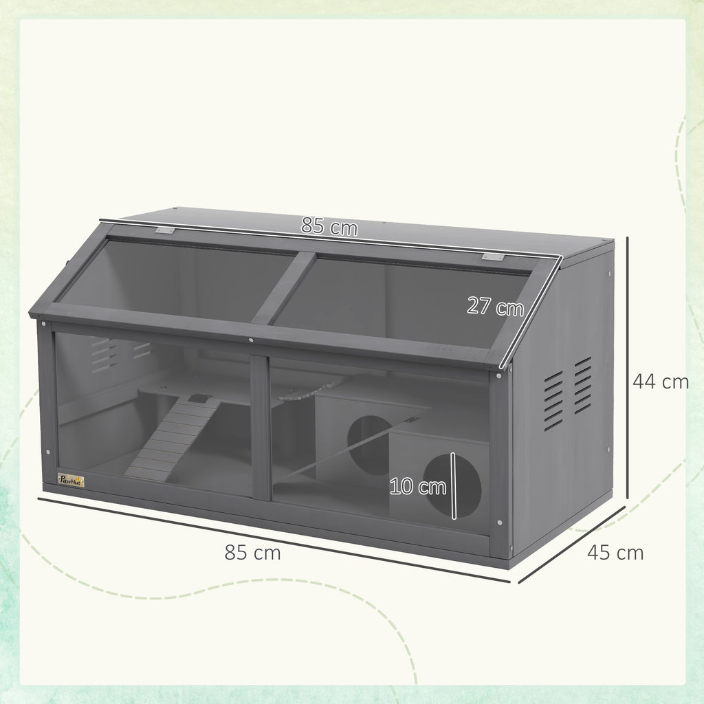 Hamster Cage, Wooden Small Animal Cage for Gerbils, Mice w/ Suspension Bridge, Openable Top, Hut, 85 x 45 x 44cm - Grey