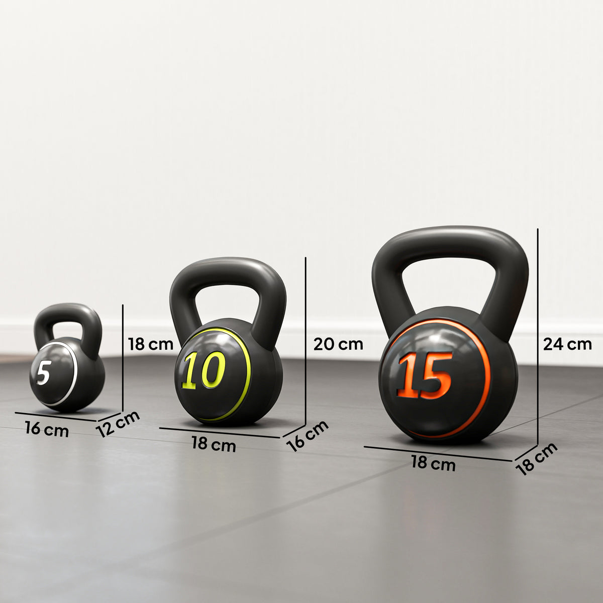 Three-Piece Kettlebell Set, 5lbs, 10lbs, 15lbs with Storage Tray