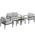 5 Piece Metal Garden Furniture Sofa Set with Thickened Cushions, Loveseat, 2 Armchairs, 2 Coffee Tables, Light Grey