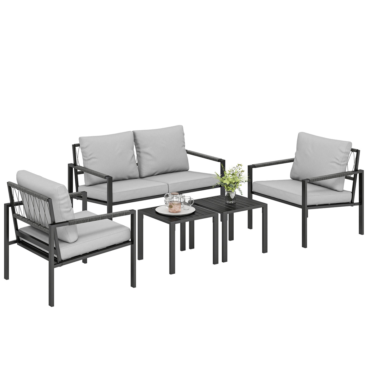 5 Piece Metal Garden Furniture Sofa Set with Thickened Cushions, Loveseat, 2 Armchairs, 2 Coffee Tables, Light Grey