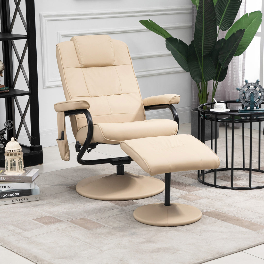 Relaxsessel mit Hocker, 360°drehbarer Fernsehsessel mit Massage, Liegefunktion, Massagesessel mit Seitentasche, TV-Sessel aus Kunstleder für Wohnzimmer Creme
