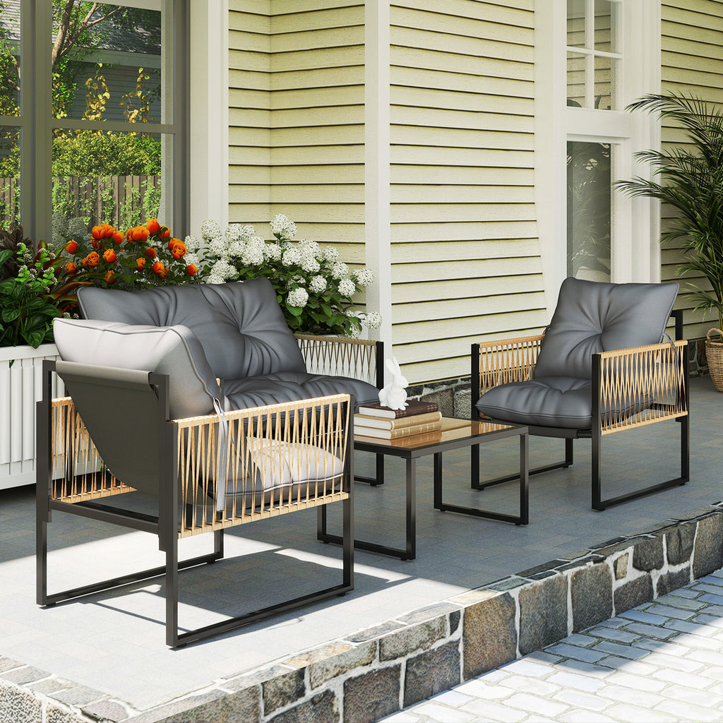 Gartenmöbel-Set, 4-teilig, Sofa, 2 Stühle, Tisch mit Glasplatte, Metallgestell, Polyrattan, Anthrazit
