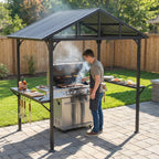 Grillpavillon 2,52 x 1,56 m, Wasserdicht Grill Pavillon mit Satteldach Seitenablage Haken Stahlrahmen Schwarz