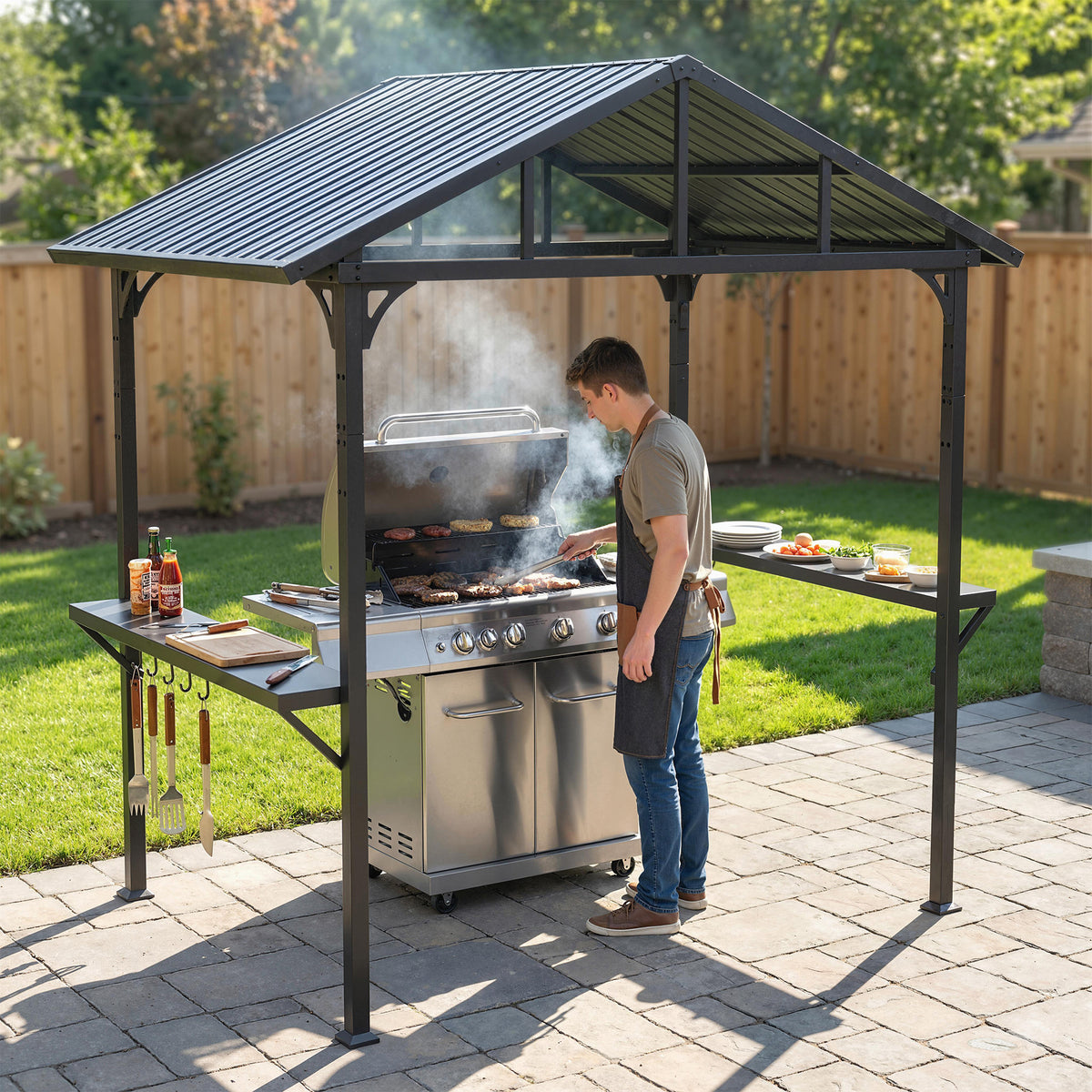 Grillpavillon 2,52 x 1,56 m, Wasserdicht Grill Pavillon mit Satteldach Seitenablage Haken Stahlrahmen Schwarz