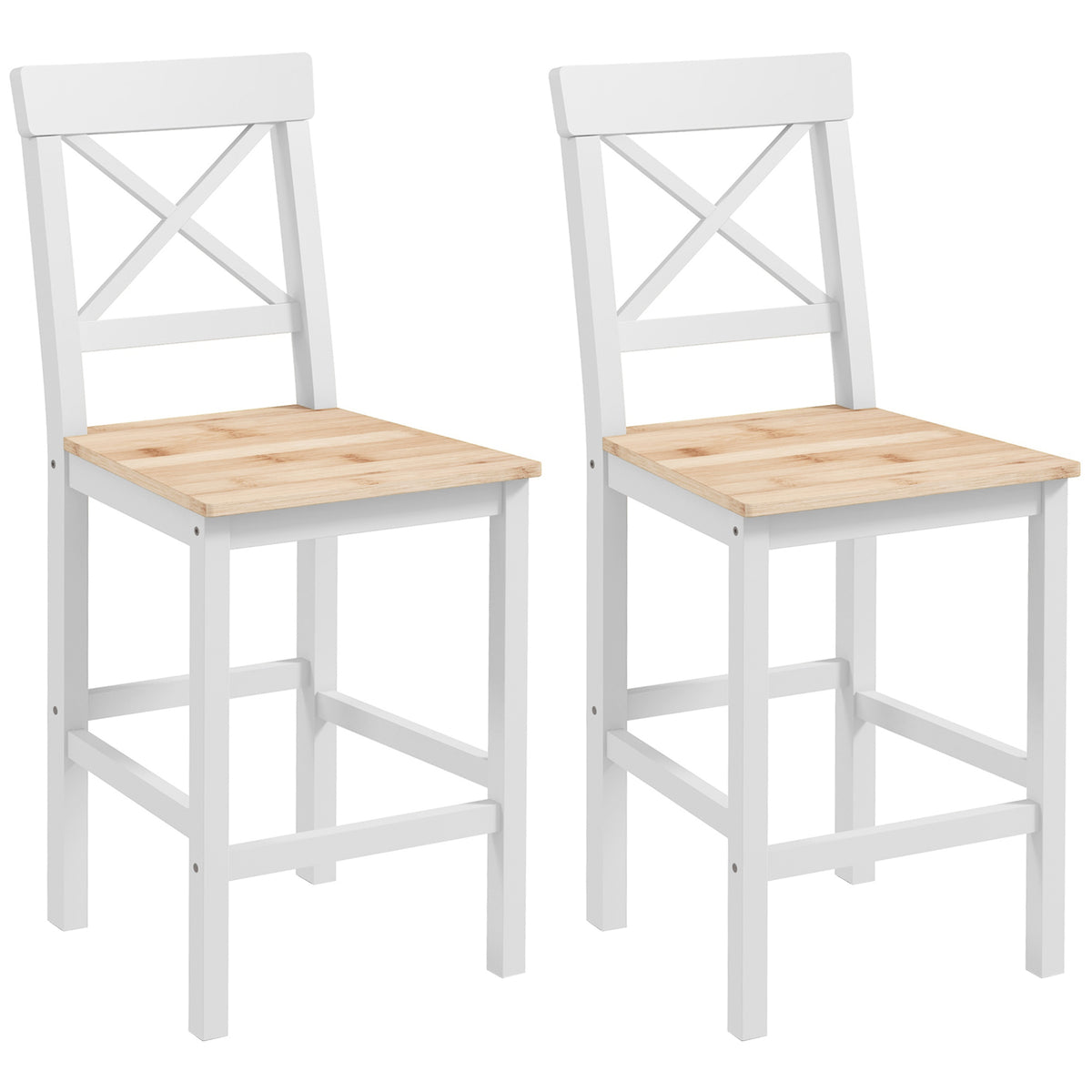 Barhocker 2er Set Barstuhl aus Kiefernholz mit Fußstütze, Lehne, Landhaus-Stil für Küche, Wohnzimmer, Natur