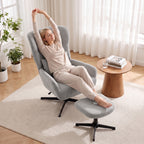 360° drehbarer Loungesessel mit Hocker, höhenverstellbar, Chenille-Bezug, mit Lendenkissen, Cremeweiß