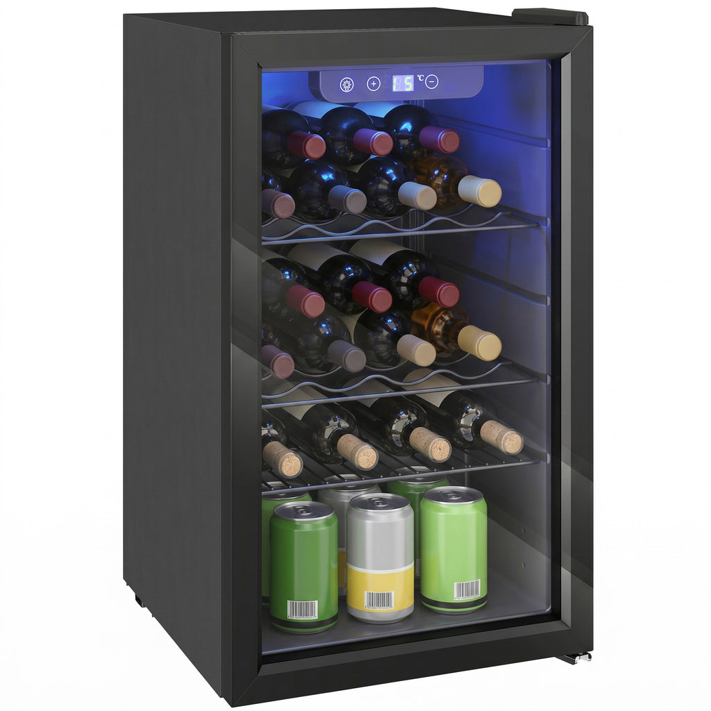 Weinkühlschrank 24 Flaschen, 68 Liter Kapazität, 4–16 °C Standgerät für Getränke, Bier und Wein mit Glas-Tür, Schwarz