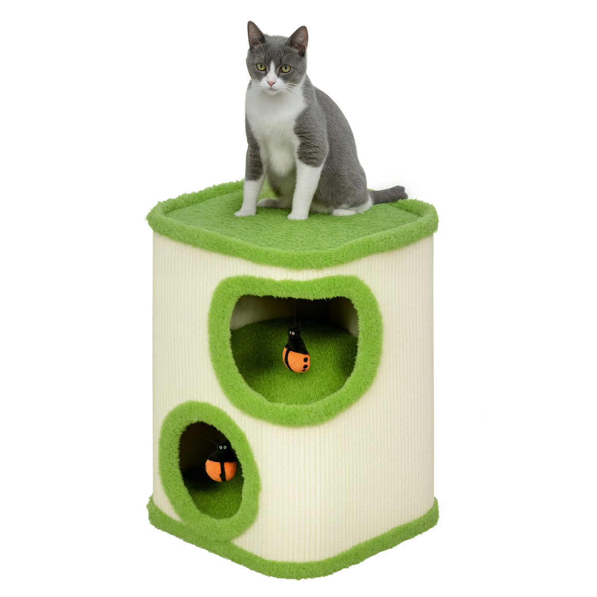Kratzturm, 52 cm, Katzenhöhle mit Plüsch, Kratzfläche, Spielzeug, Grün/Cremeweiß
