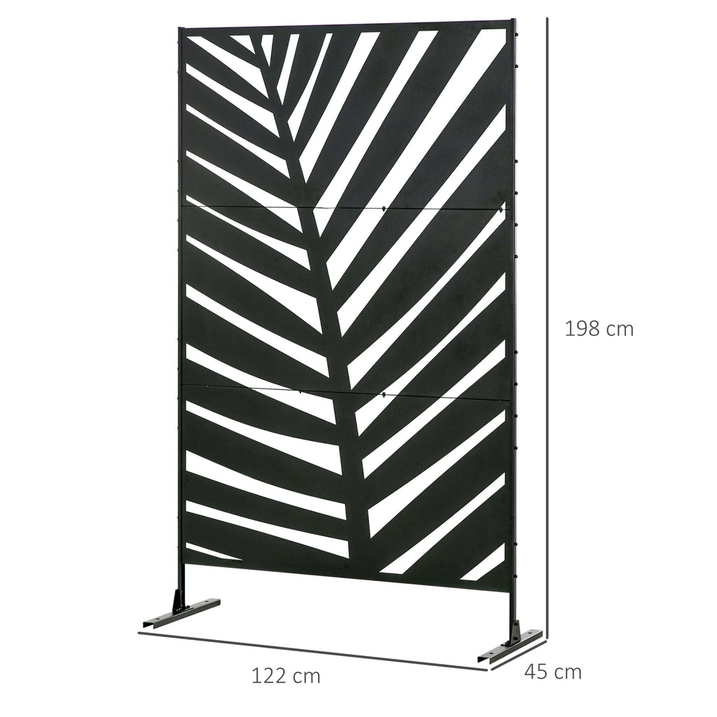 Decorative Privacy Screen with Stand, 6.5FT Freestanding Metal Outdoor Divider, Decorative Privacy Panel with Expansion Screws for Garden Patio Pool Hot Tub, Banana Leaf Style, Black