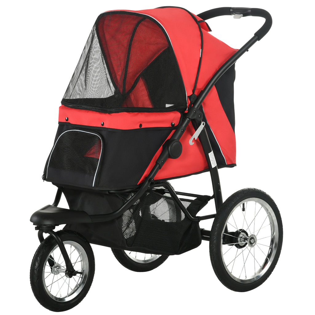 Foldable Pet Stroller with Three Wheels, for Small, Medium Dogs, Red