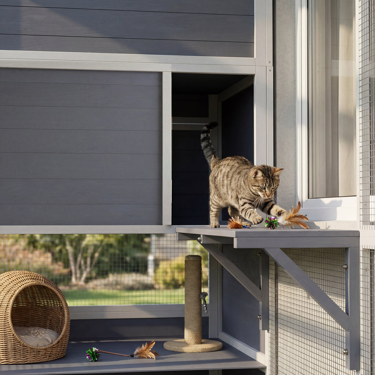 Katzengehege Outdoor Katzenhaus aus Holz mit 3 Plattformen wetterfest Dach Ruhebereich für 3-4 Katze bis 10 kg Grau