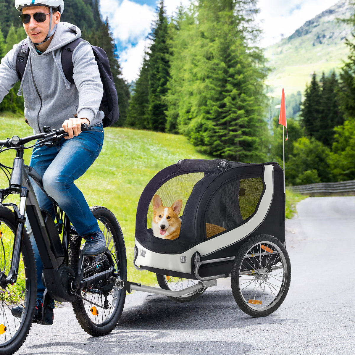 Fahrradanhänger für Hunde mit Universalkupplung Stahl Weiß+Schwarz